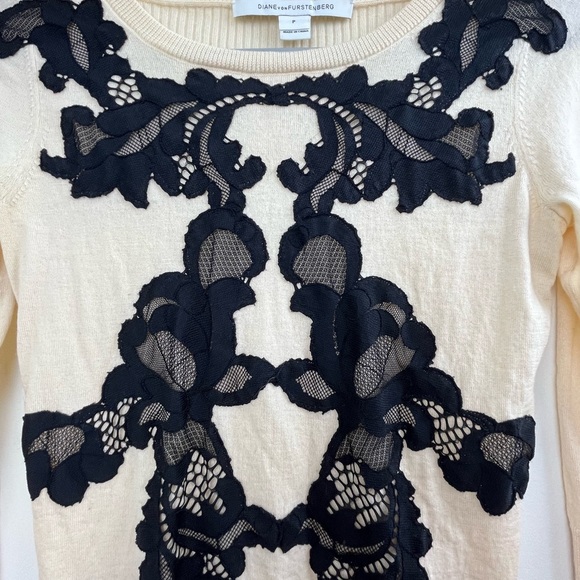Diane Von Furstenberg 100% Wool Sweater with Black Lace Design - Picture 2 of 7
